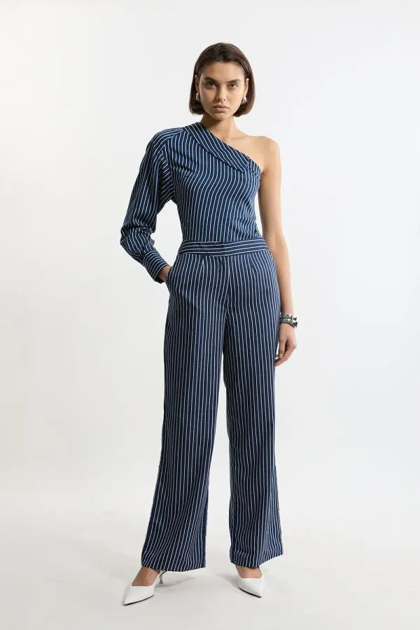 Tall Striped Twill Wide Leg Woven Trouser