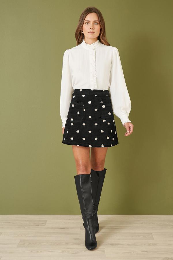 Black Corduroy Embroidered Daisy Mini Skirt