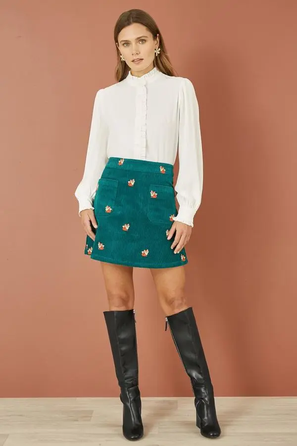 Teal Fox Embroidered Cord Mini Skirt