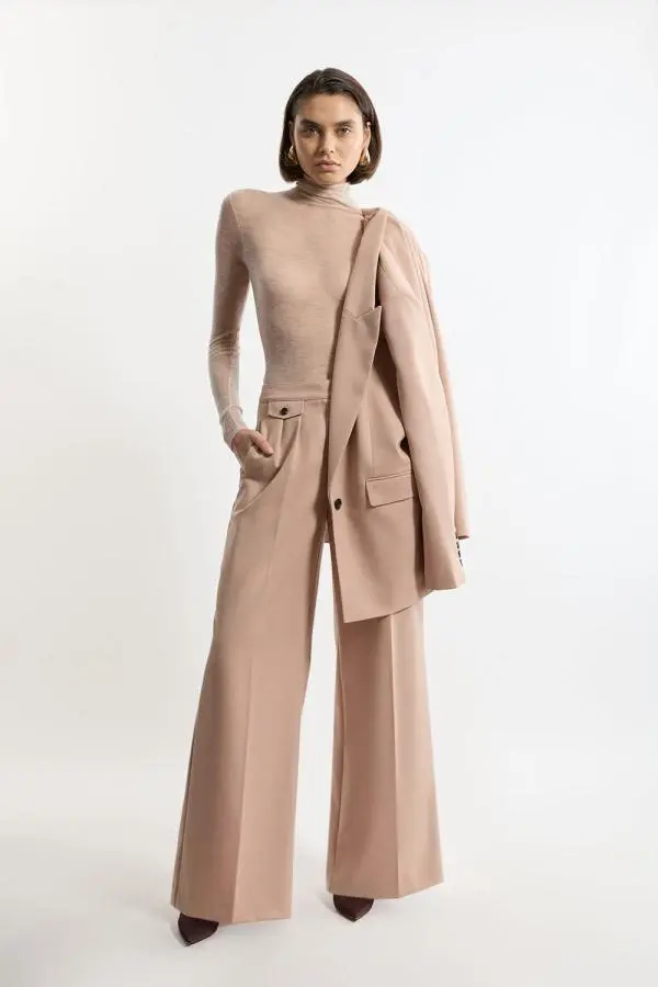 Wool Blend Tailored Wide Leg Trousers