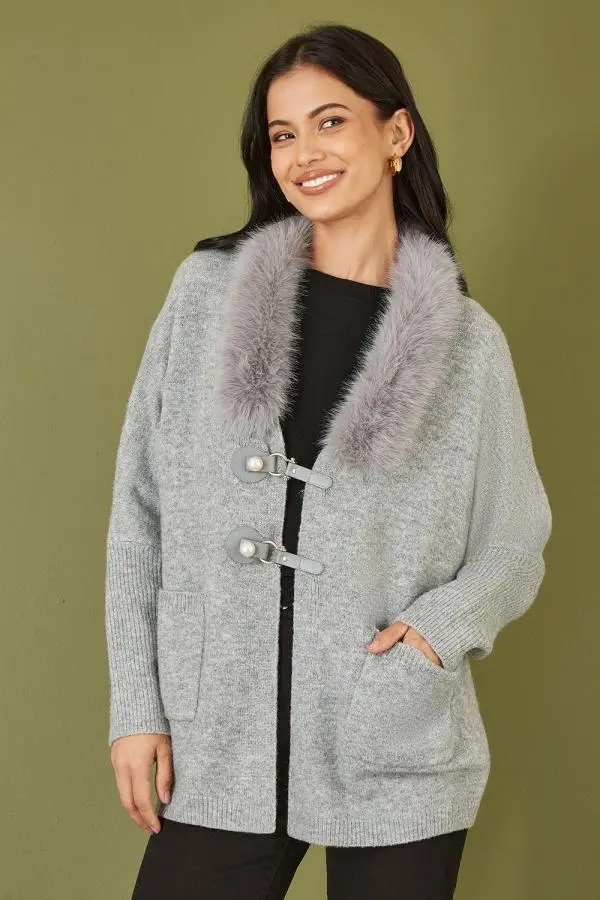 Grey Cardigan With Detachable Fur Collar Trim