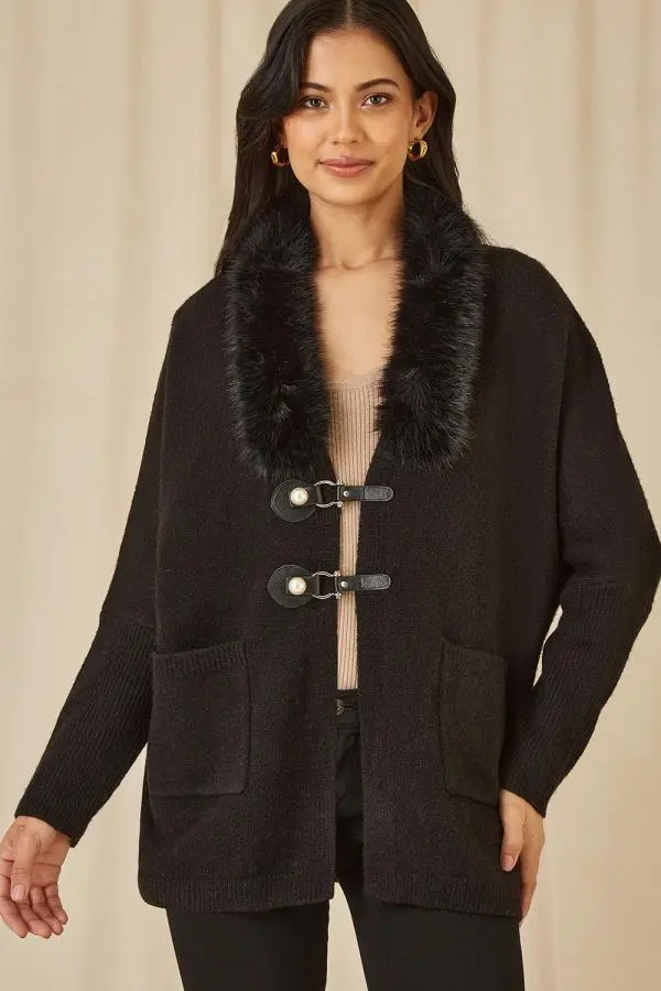 Black Cardigan With Detachable Fur Collar Trim