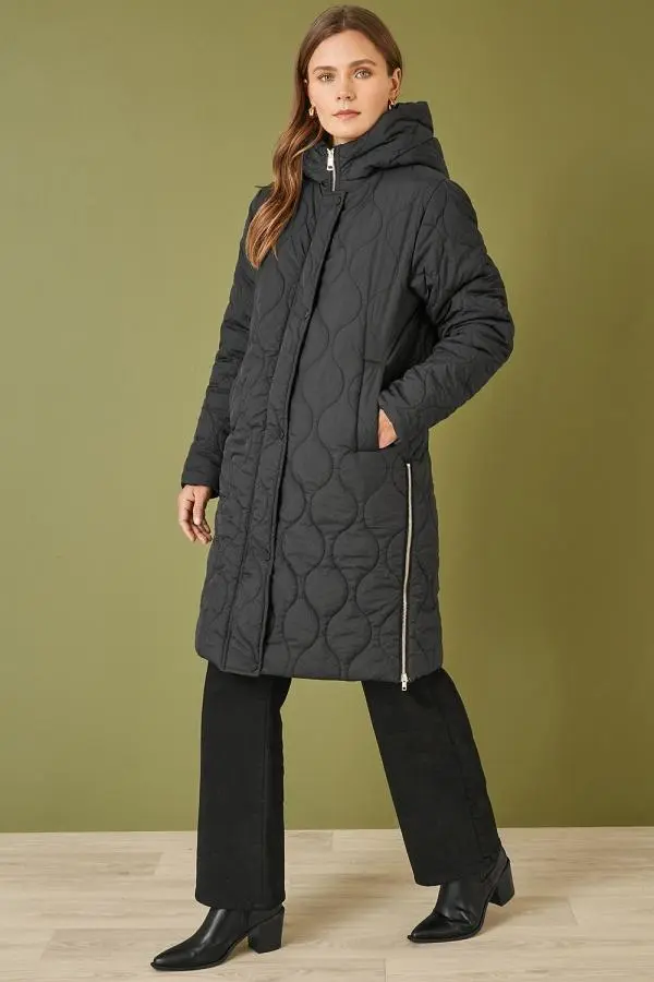 Black Padded Quilted Long Coat With Zip Detail And Hood