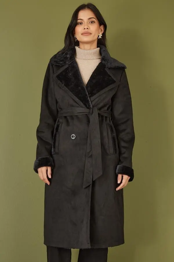 Black Trench Coat With Faux Fur Lining