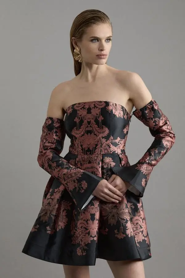 Jacquard Woven Floral Off The Shoulder Mini Dress