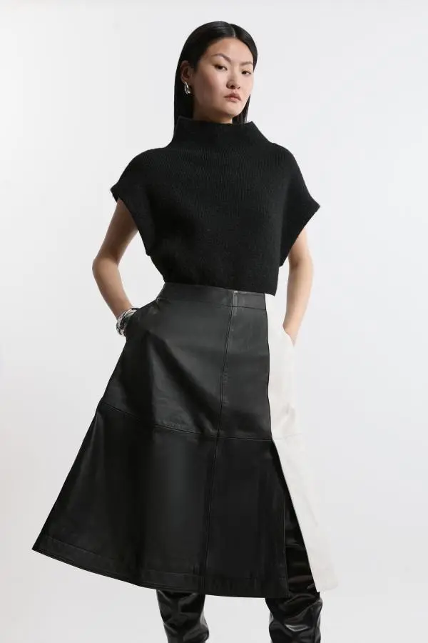 Leather Colourblock Midi A-Line Skirt