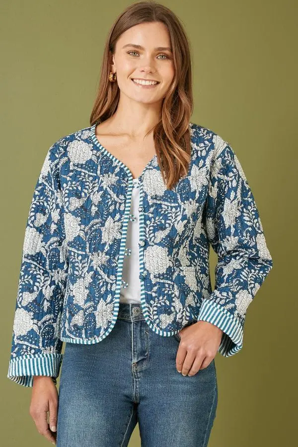 Blue Patchwork Print Reversible Cotton Quilted Jacket