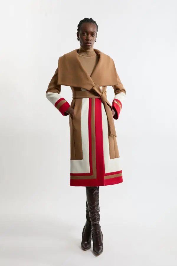 Premium Italian Manteco Wool Colour Block Border Detail Tailored Wrap Midi Coat