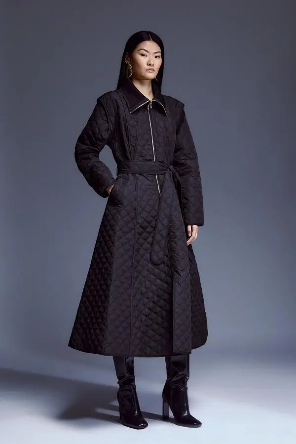 Petite Quilted Full Skirted Belted Midi Coat