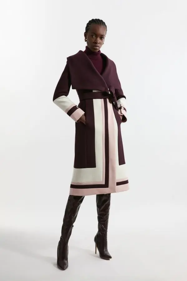 Premium Italian Manteco Wool Colour Block Tailored Belted Midi Coat