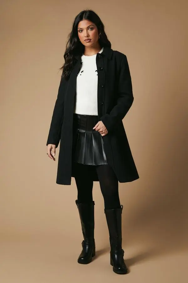 Faux Wool Button Through Dolly Coat