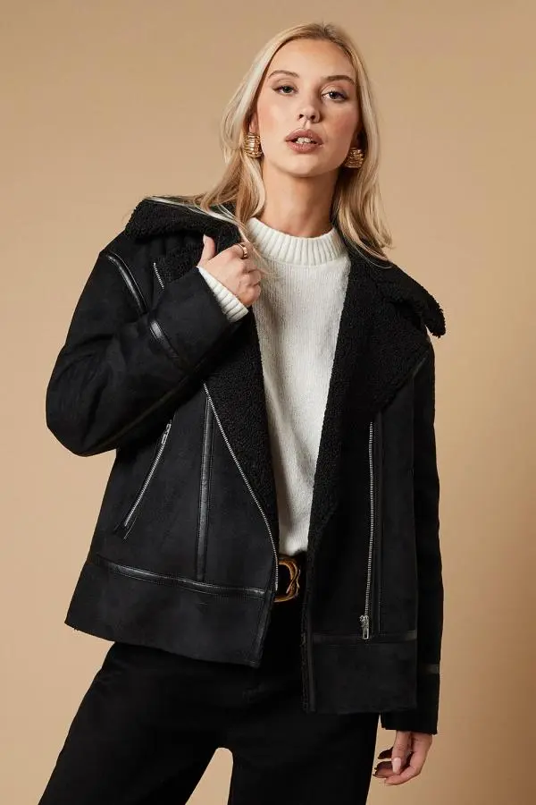 Zip Detail Suedette Aviator Jacket