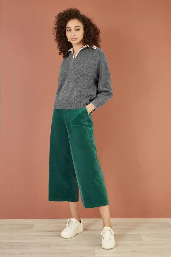 Green Cord Cropped Wide Leg Trousers With Pockets