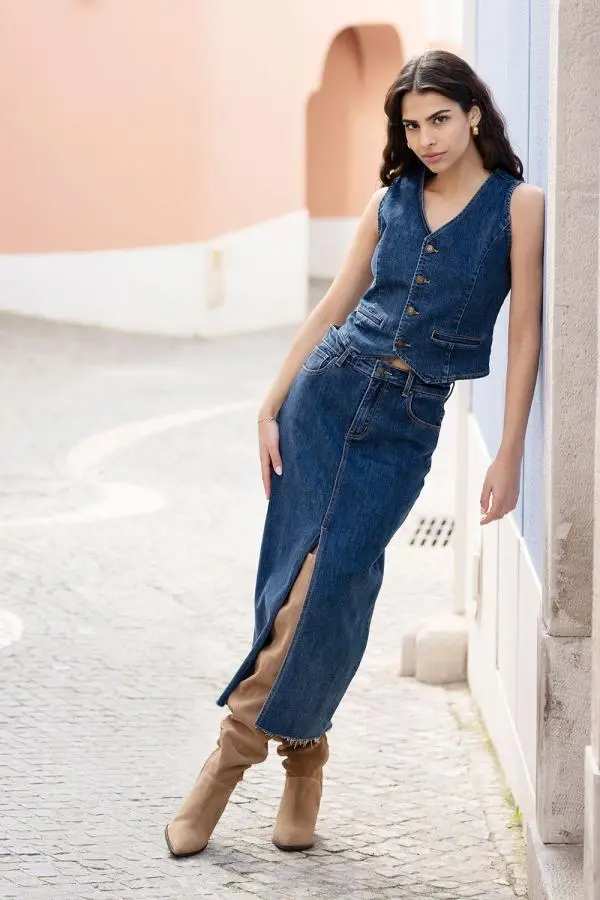 Blue Denim Stretch Fitted Midi Skirt With Front Split