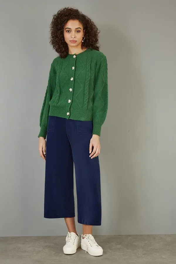 Navy Cord Cropped Wide Leg Trousers With Pockets