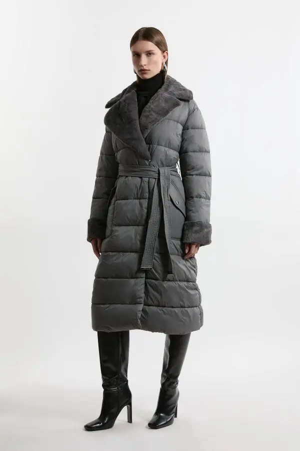 Faux Fur Lined Belted Longline Puffer Coat