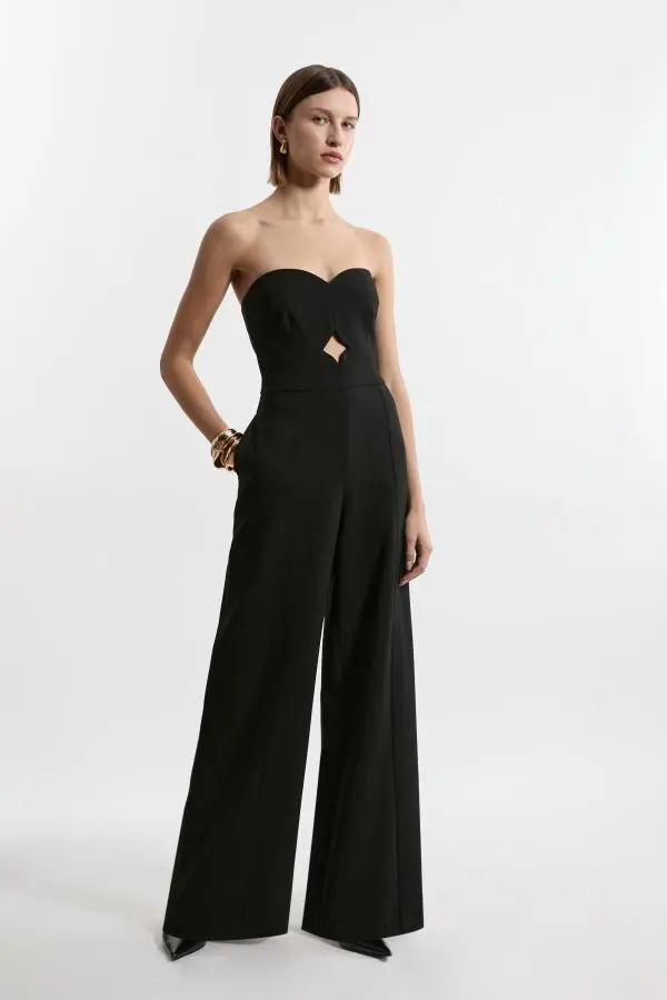 Compact Stretch Bandeau Tailored Wide Leg Jumpsuit