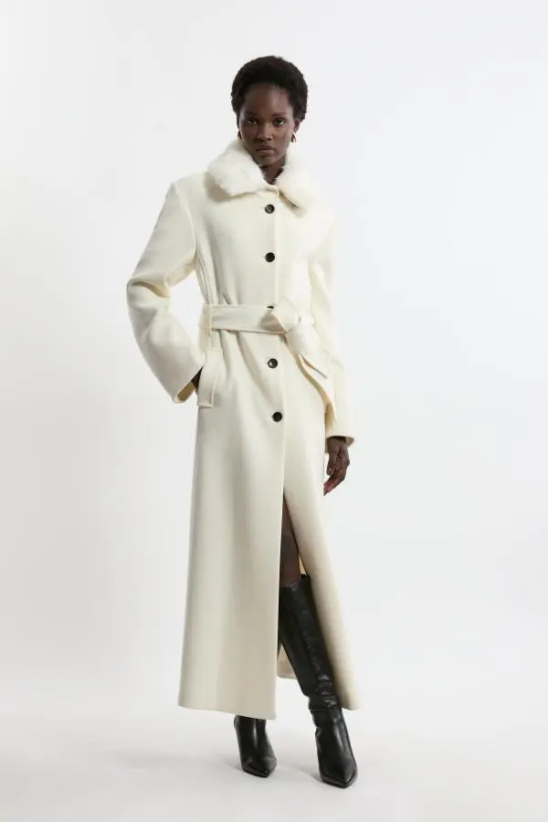 Premium Italian Manteco Wool Detachable Faux Fur Collar Belted Tailored Maxi Coat