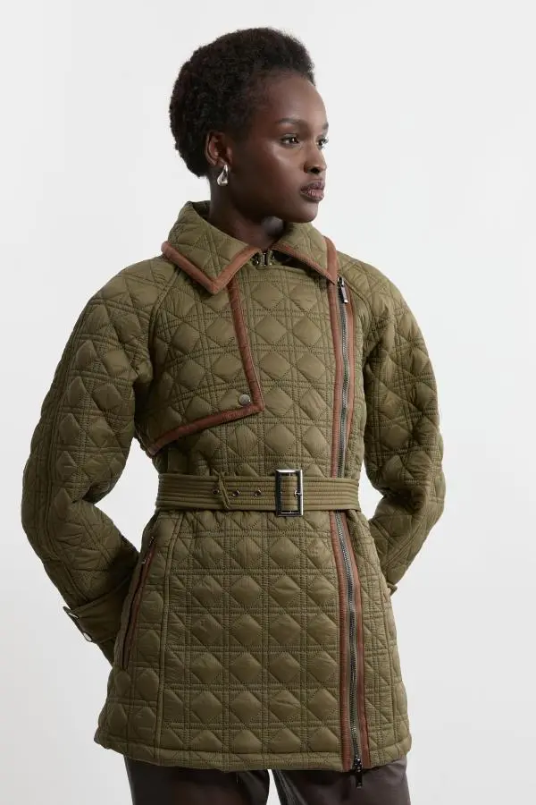 Petite Diamond Quilted Belted Short Puffer Pu Tab Trench Jacket