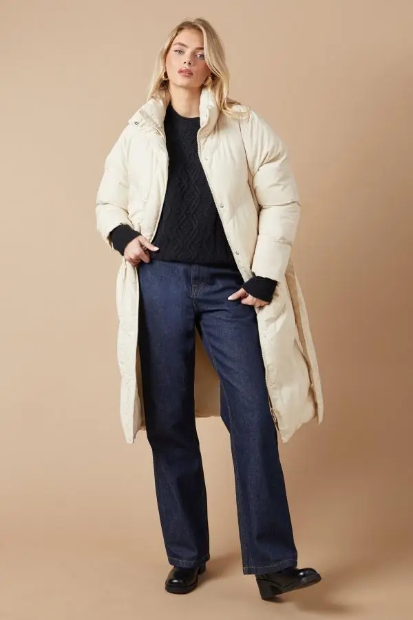 Belted Midi Padded Funnel Neck Coat