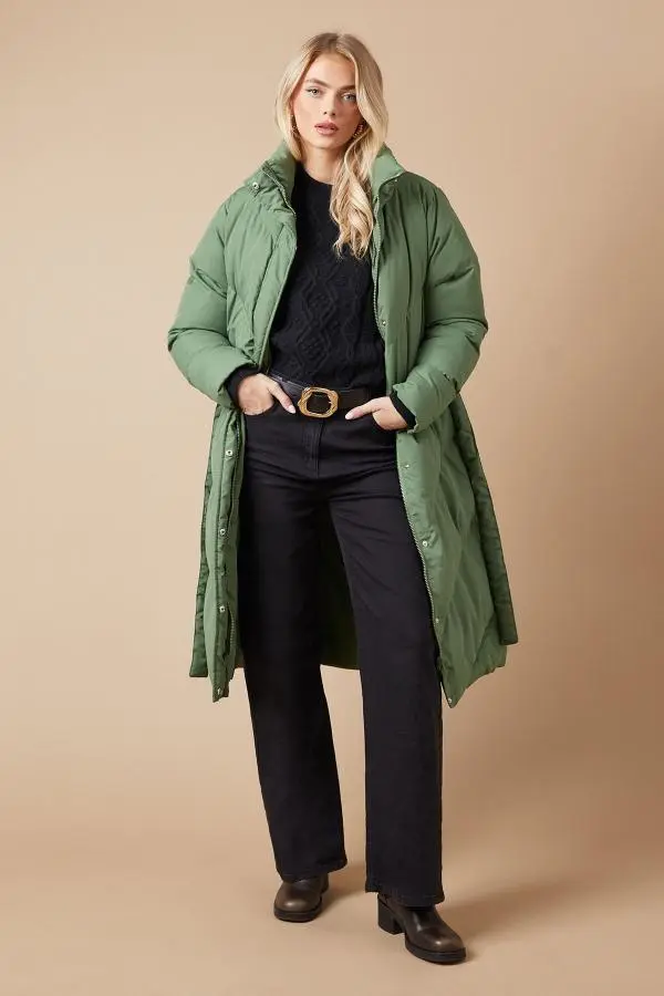 Belted Midi Padded Funnel Neck Coat