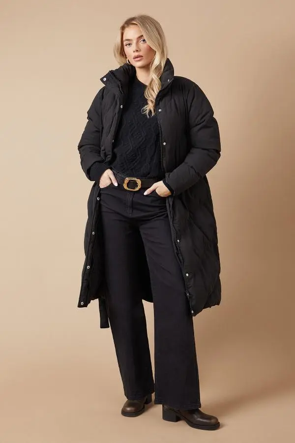 Belted Midi Padded Funnel Neck Coat