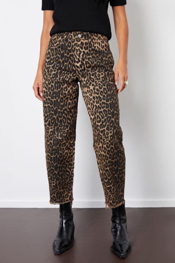 Leopard Print Barrel Leg Denim Jeans With Raw Hem