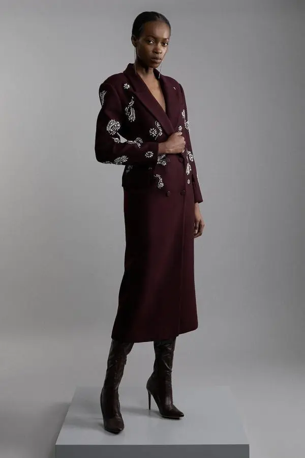 Tailored Wool Blend Embellished Maxi Coat