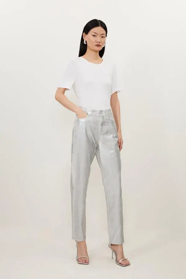 High Rise Slim Leg Silver Foiled Jeans