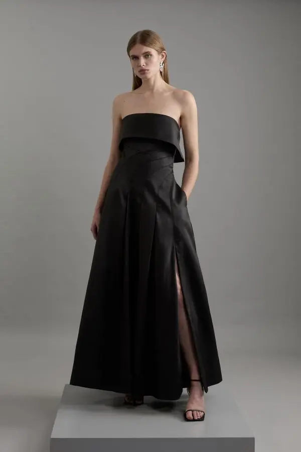 Structured Satin Bandeau Prom Tailored Maxi Dress