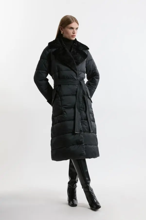 Faux Fur Lined Belted Longline Puffer Coat