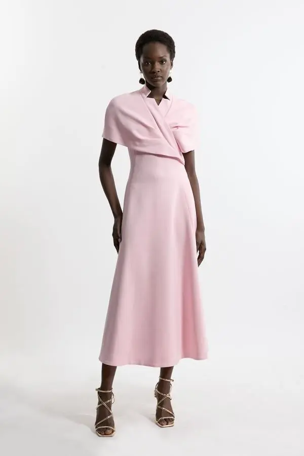 Structured Crepe Cape Detail Full Skirted Tailored Midi Dress