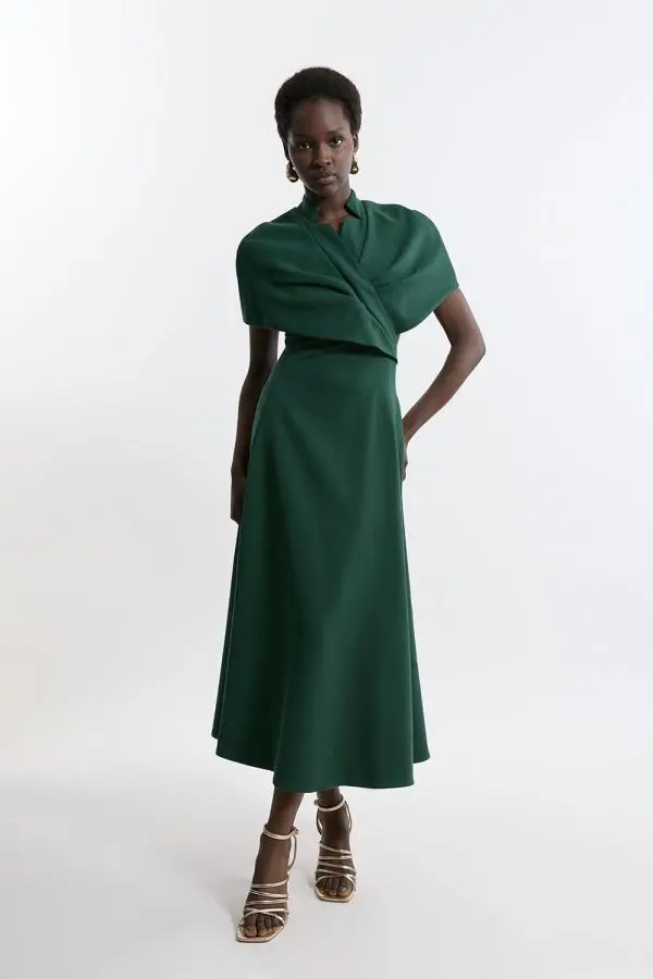 Structured Crepe Cape Detail Full Skirted Tailored Midi Dress