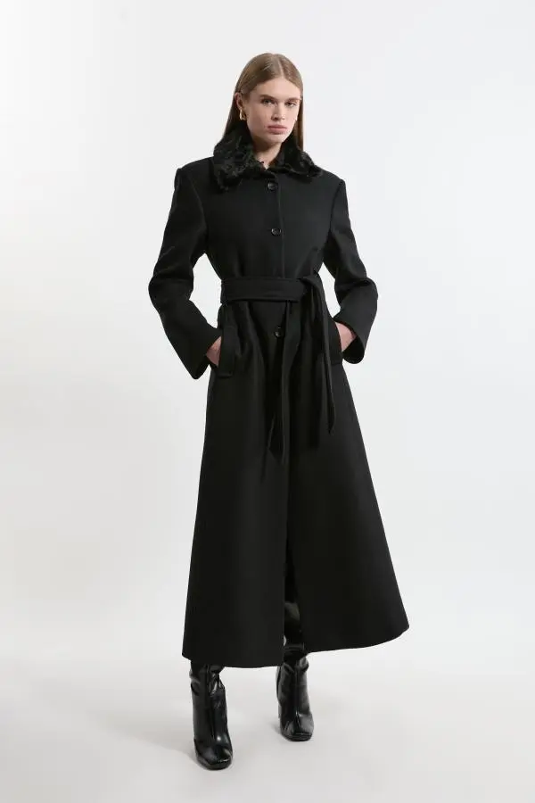 Premium Italian Manteco Wool Detachable Faux Fur Collar Belted Tailored Maxi Coat