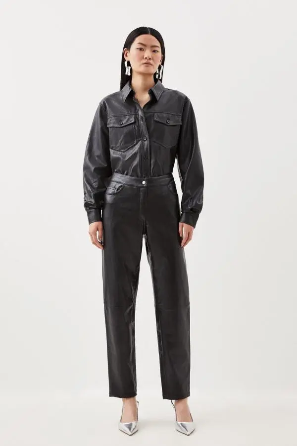 Faux Leather 5 Pocket Western Straight Leg Trousers