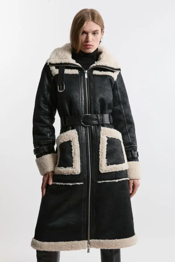 Faux Shearling Contrast Trim Hooded Midi Coat