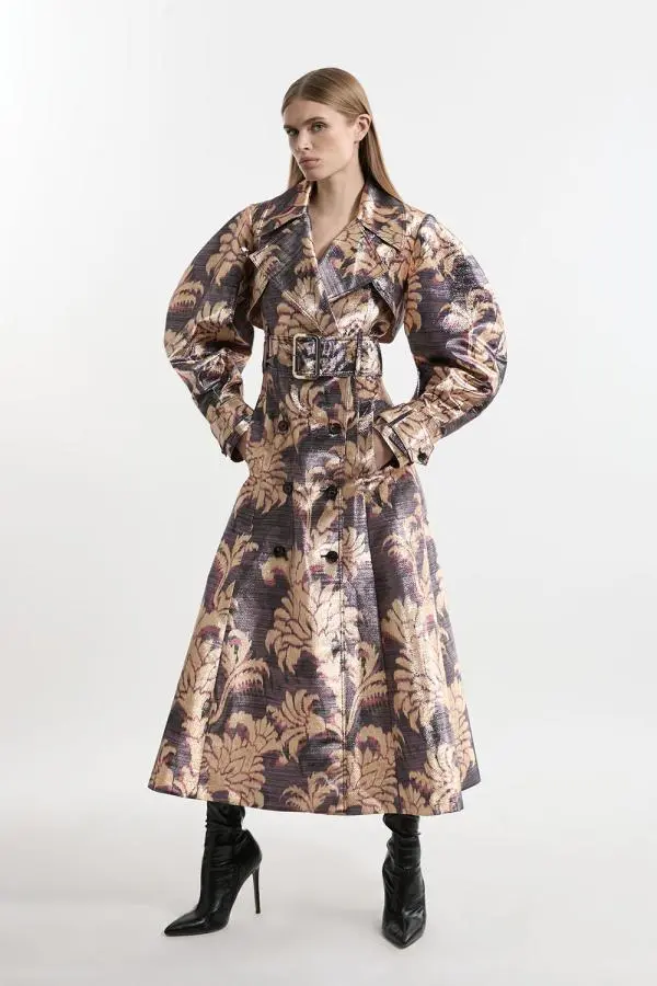 Metallic Floral Tailored Trench Maxi Coat