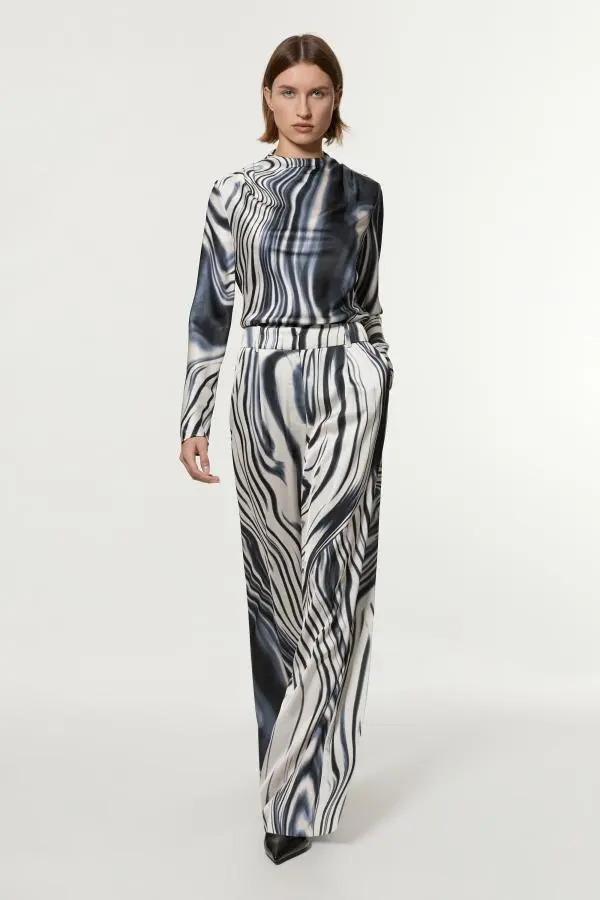 Graduated Stripe Viscose Satin High Waist Trouser