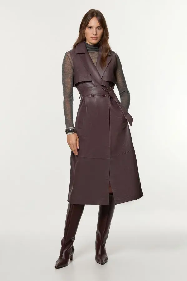 Leather Sleeveless Belted Storm Flap Detail Trench Coat