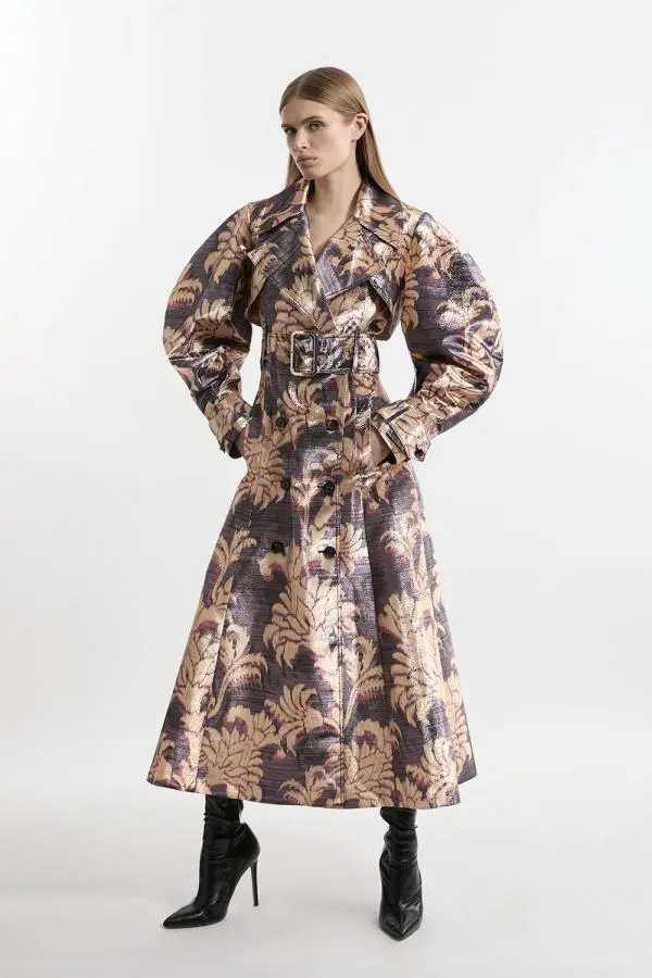 Petite Metallic Floral Tailored Trench Maxi Coat