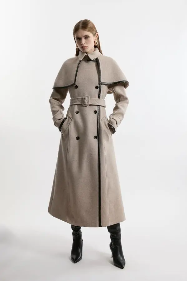 Premium Italian Manteco Wool Pu Tipped Storm Flap Cape Full Skirted Tailored Midaxi Coat