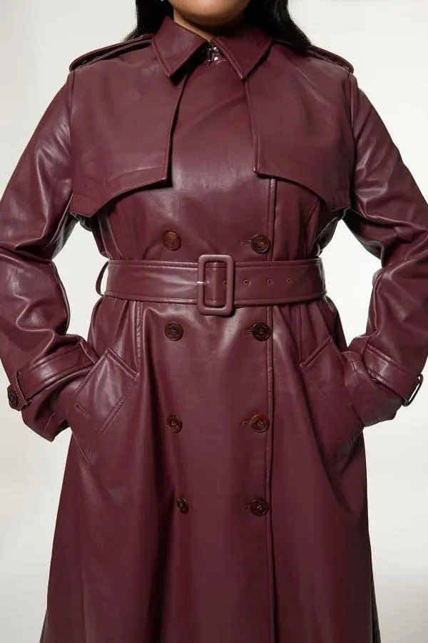 Plus Size Tailored Faux Leather Belted Trench Coat