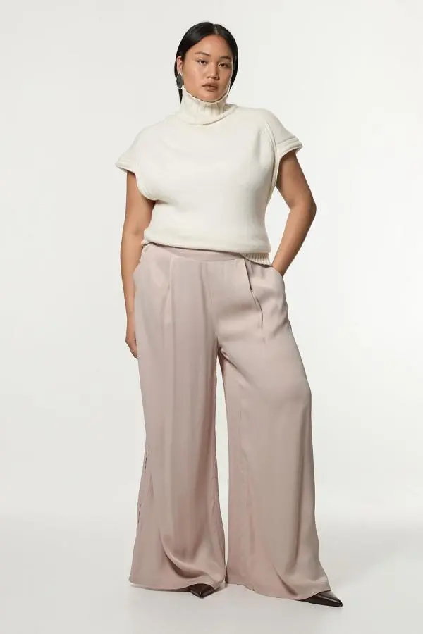 Plus Size Viscose Satin Wide Leg Woven Trouser