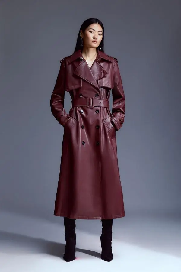 Petite Tailored Faux Leather Belted Trench Coat