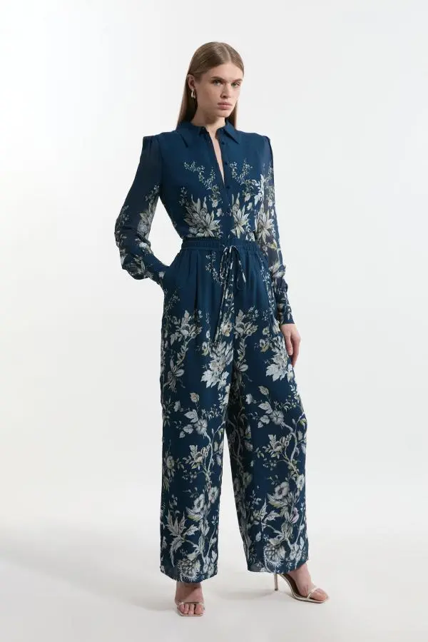 Border Print Viscose Piped Woven Wide Leg Trouser