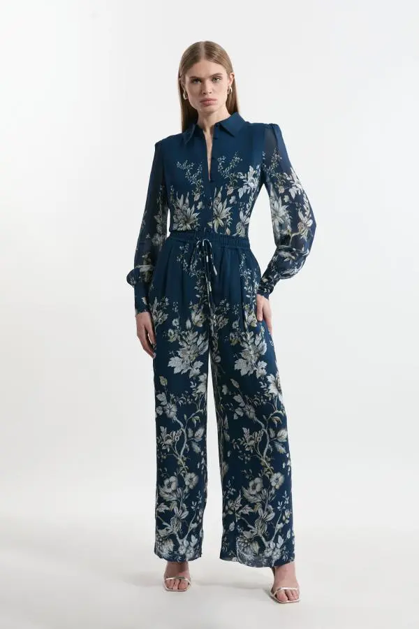 Tall Border Print Viscose Piped Woven Wide Leg Trouser