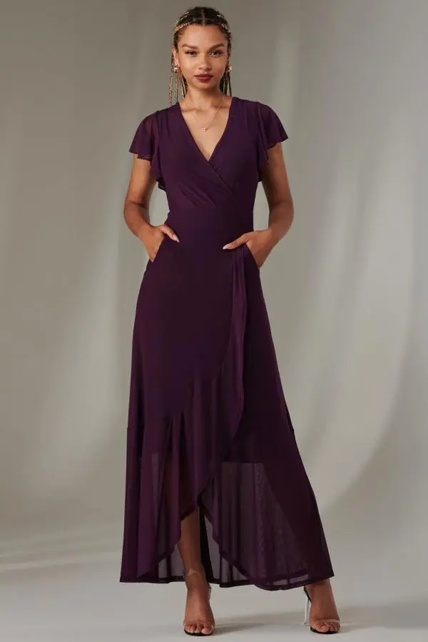 Plain Wrap Mesh Maxi Dress