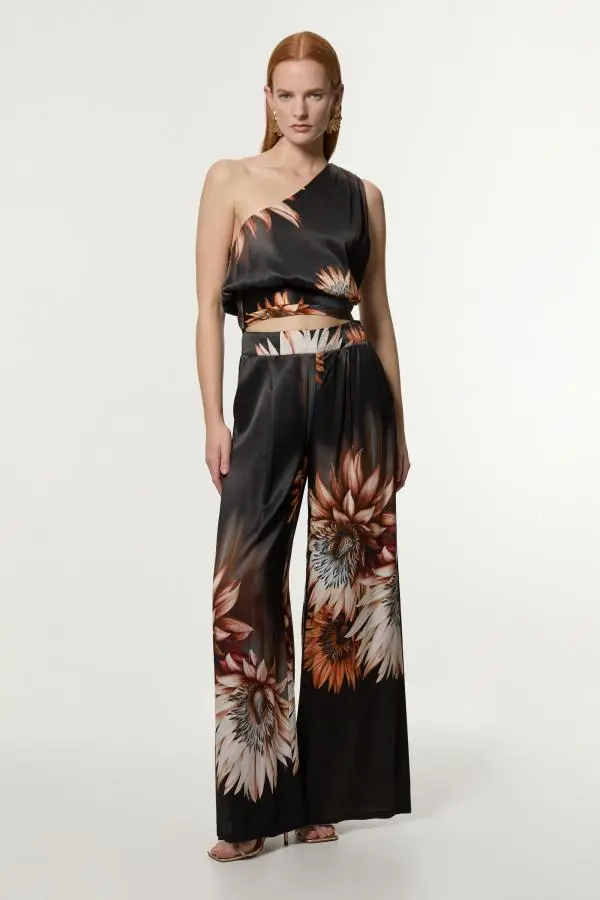 Viscose Satin Printed Wide Leg Woven Trouser