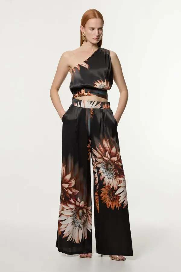 Tall Viscose Satin Printed Wide Leg Woven Trouser