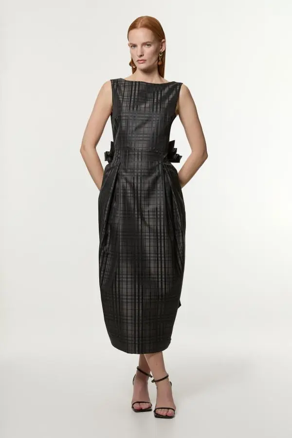 Taffeta Check Bow Detail Tailored Maxi Dress